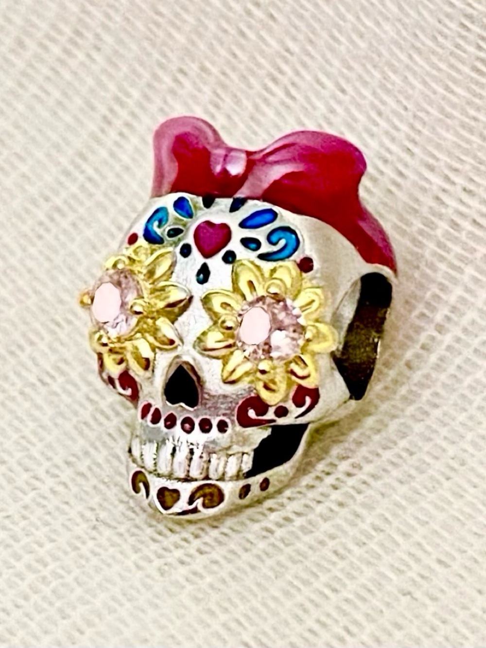 Glow In The Dark Rockabilly Sugar Skull Charm | 925 Sterling Silver, Enamel, CZs